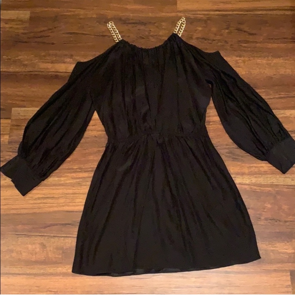 Parker Silk Chain Strap Off Shoulder Puff Sleeve Dress Size XS black cold